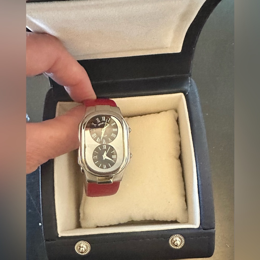 Philip Stein Silver stainless Teslar Dial Watch, 26mm. Red leather band. NWOT.